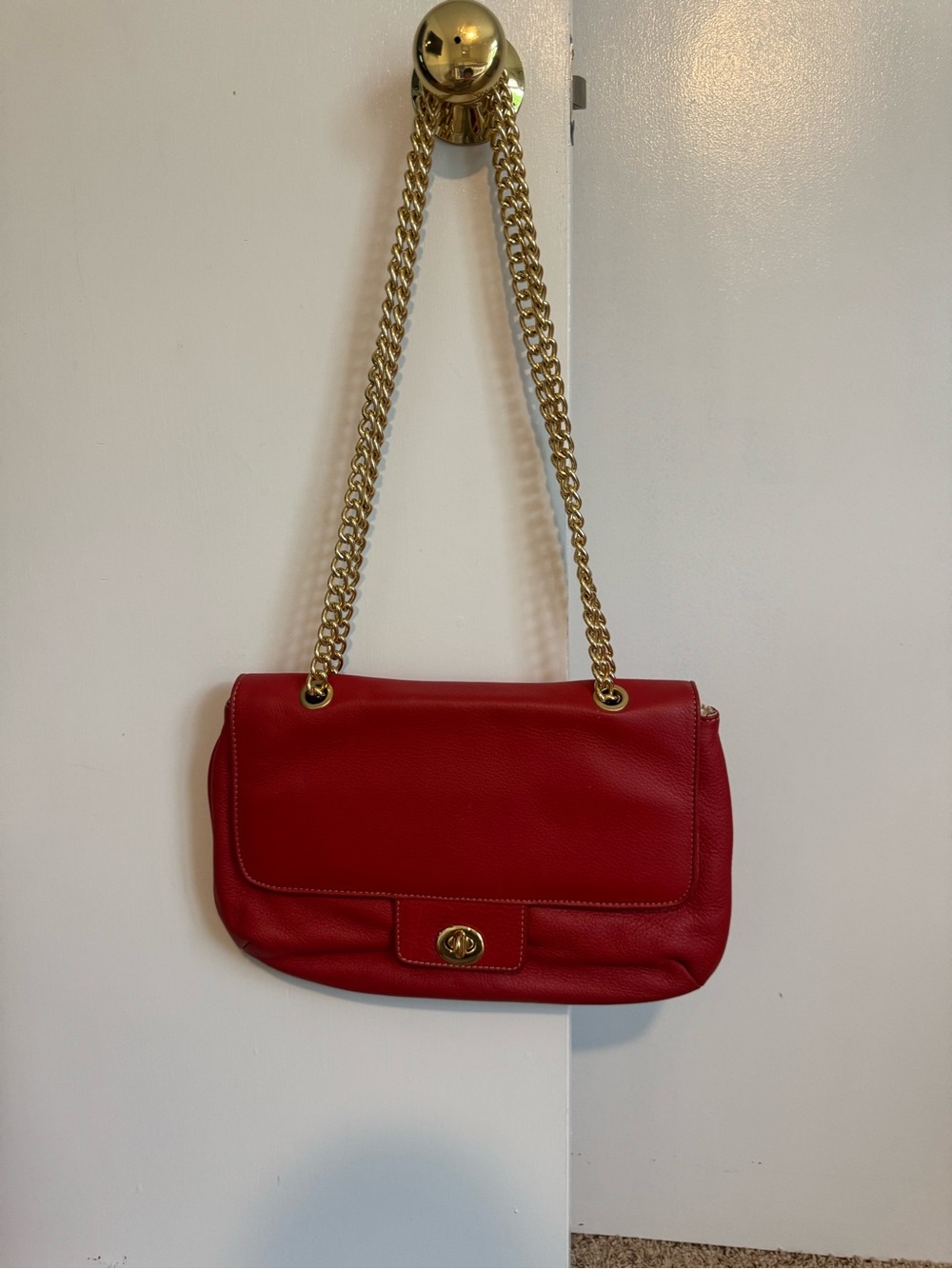 Red Leather Shoulder Bag with Gold Chain Strap